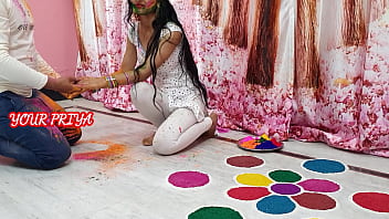 Priya having sex with her step cousin brother while he playing holi with her with clear hindi voice